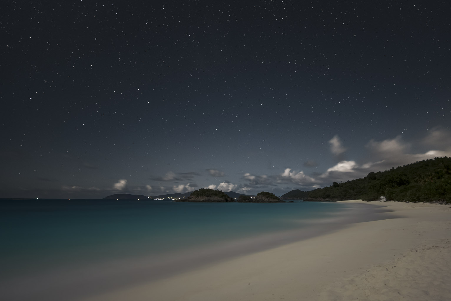 Stars over the bay, the water is very blue